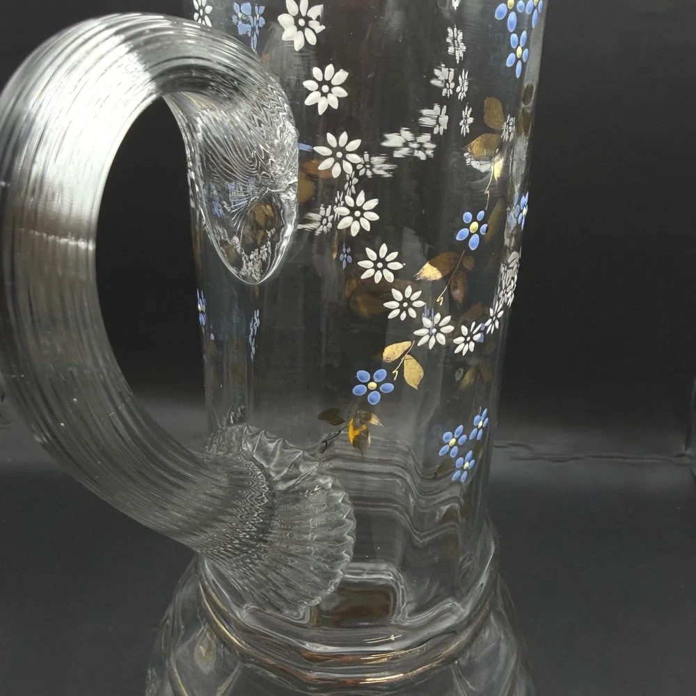 Antique Victorian Bohemian Enameled Glass Claret Pitcher Blue Floral Gilt 11‎ in
